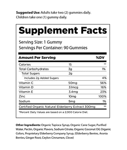 The Elderberry Co. - Gomas de Sabugueiro Extra Forte com Vitaminas C, D, E e Zinco para Suporte Imunológico Natural – 90 Unidades
