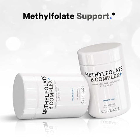 Suplemento Codeage Methylfolate B Complex – 5 MTHF, Methylcobalamin 1000mcg Vitamina B12 Metilada, Riboflavina, Betaína, Vitaminas B6, Ciclo de Metilação MTHFR – 2 Meses – 120 cápsulas