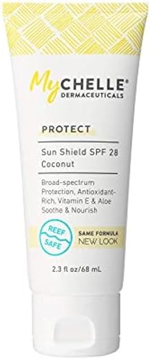 MyChelle Dermaceuticals - Protetor Solar MyCHELLE Dermaceuticals Sun Shield SPF 28 Coco (68 ml) – Protetor Solar Suave e Seguro para Recifes com Vitamina E e Aloe – Tamanho Viagem Protetor Solar de Zinco para Rosto e Corpo