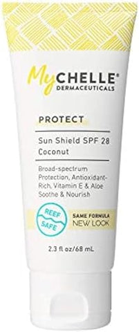 MyChelle Dermaceuticals - Protetor Solar MyCHELLE Dermaceuticals Sun Shield SPF 28 Coco (68 ml) – Protetor Solar Suave e Seguro para Recifes com Vitamina E e Aloe – Tamanho Viagem Protetor Solar de Zinco para Rosto e Corpo