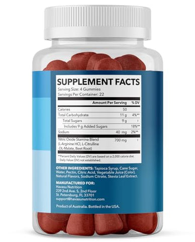 HAVASU NUTRITION - L-Arginine Gummies – Suplemento de Óxido Nítrico para Saúde Masculina – Fórmula com L-Arginina, L-Citrulina e Beterraba – Resistência e Desempenho – Sabor de Frutas Vermelhas