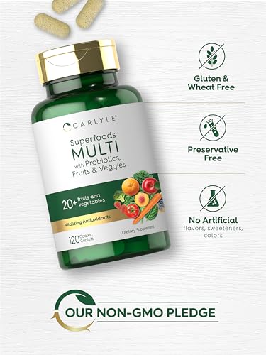 Suplemento de Frutas e Vegetais | 120 Unidades | Multivitamínico Superfood com Probióticos | Feito com 20 Frutas e Vegetais | Não-OGM - Carlyle