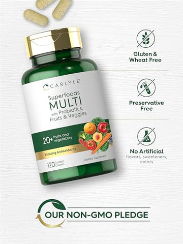 Suplemento de Frutas e Vegetais | 120 Unidades | Multivitamínico Superfood com Probióticos | Feito com 20 Frutas e Vegetais | Não-OGM - Carlyle