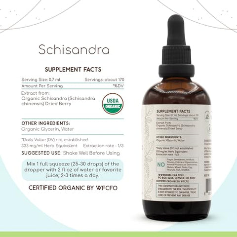 HerbEra - Schisandra B120 USDA Organic Tincture | Alcohol-Free Extract, High-Potency Herbal Drops, Liquid Supplement| Certified Organic Schisandra (Schisandra Chinensis) Dried Berry (4 oz)