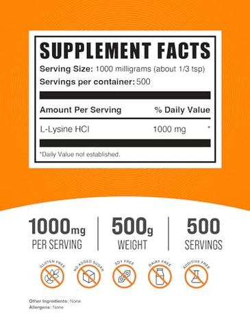 com L-Lysine em Pó – Suplemento de L-Lysine HCl, 1000mg por Porção, 500g (1.1 lbs) – Suporte Imunológico – Livre de Glúten - BulkSupplements