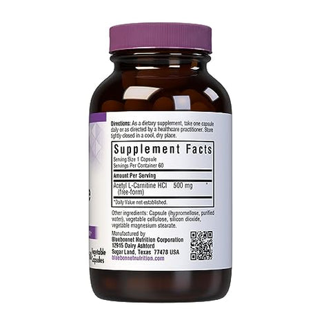 Bluebonnet - BlueBonnet Acetyl L-Carnitine 500 mg Cápsulas de Vitamina, 60 Unidades