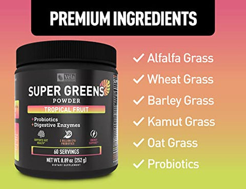Véla - Super Greens em Pó | Superfood para Apoiar Enzimas Digestivas e Reduzir Inchaço com 2 Bilhões de Probióticos | Aumente os Níveis de Energia