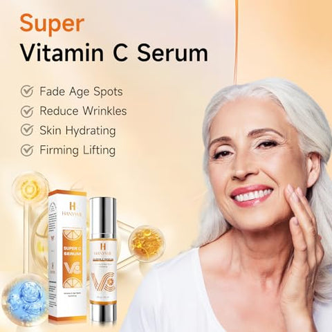 HANYWIL - Sérum Facial Super Vitamina C, Com Ingredientes Naturais para Manchas de Idade, Rugas, Hidratação, Cuidados Anti-Envelhecimento, Firmeza, Levanta, Suaviza, Vitamina C Sérum Facial 90 ml