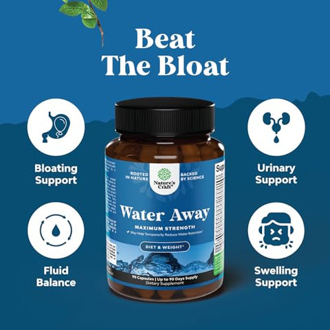 Natures Craft - Pílulas Water Away Maximum Strength – Diurético Herbal para Retenção de Água – Alívio Rápido do Inchaço – Mulheres e Homens – Fácil de Tomar  Water Away