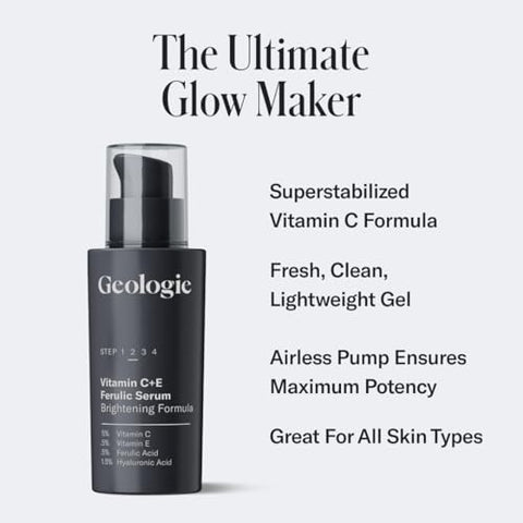 Serum Vitamina C E Ferulic | Clareia, Firmeza e Suaviza a Pele | 5% Vitamina C 0,5% Vitamina E 0,5% Ácido Ferúlico 1,5% Ácido Hialurônico | 30 ML (3 Meses de Uso) - Geologie