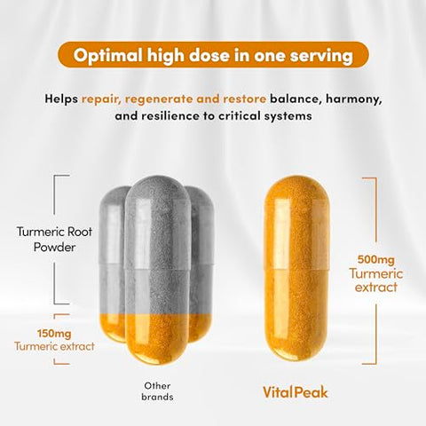 Vital Peak - Curcuma com Pimenta Preta – 500 mg Extrato de Curcuma com 95% Curcuminoides para Articulações, Fígado, Cérebro | Marca: Turmeric Extract