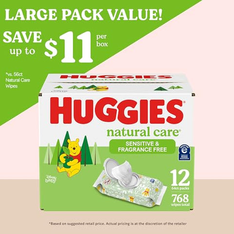 HUGGIES - Huggies Natural Care Lenços Umedecidos para Bebês Sensíveis, Sem Perfume, Hipoalergênicos, 99% Água Purificada, 12 Pacotes com Tampa Flip-Top (768 Lenços no Total), Embalagem Pode Variar