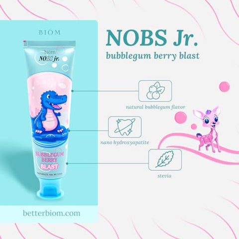 Biöm - NOBS Jr. Pasta de Dente Infantil com Nano Hidroxiapatita – Livre de Flúor, Livre de SLS, Remineralizante – Fórmula Odontológica – Bubblegum Berry – Fabricado nos EUA