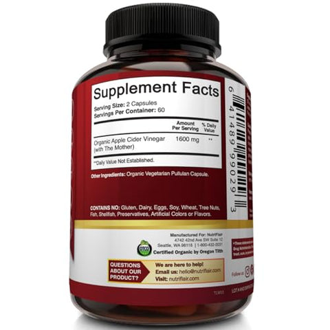 NutriFlair - Apple Cider Vinegar Capsules com The Mother – 120 Pílulas Veganas de ACV – Melhor Suplemento para Perda de Peso Saudável, Dieta, Keto, Digestão, Desintoxicação, Imunidade – Poderoso Limpador