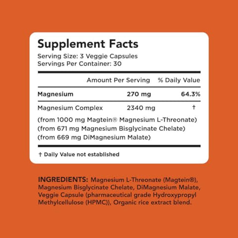 AMANDEAN - Suplemento de Magnésio L-Treonato Amandean. Complexo de Treonato, Glicinato, Malato. 90 Cápsulas Vegetarianas. Alta Absorção Magtein Bisglicinato Quelato de DiMagnésio Malato. Cérebro