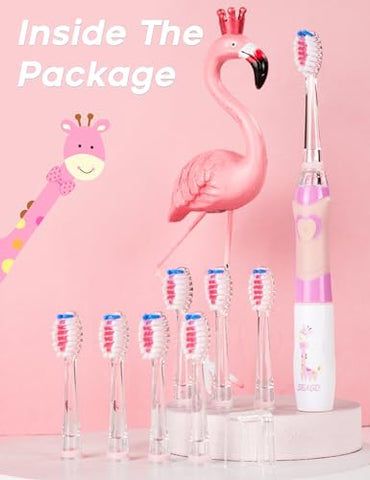 Escova de Dentes Elétrica SEAGO Kids com Temporizador de Escovação de 2 Minutos e 8 Cabeças de Escova Substituíveis, Luz LED Arco-Íris para Tornar a Escovação Divertida, Escova de Dentes Rosa a Pilha para Meninas de 4-12 Anos