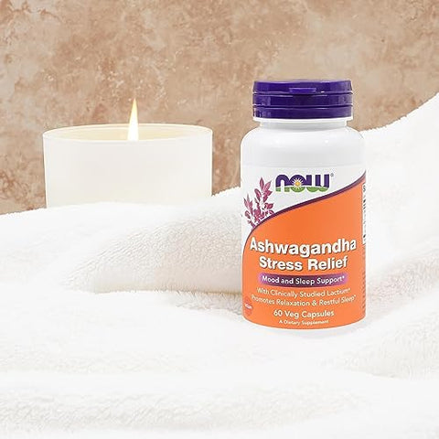 Suplementos, Alívio do Estresse com Ashwagandha, Suporte para Humor e Sono*, com Lactium® Clinicamente Estudado, Promove Relaxamento e Sono Repousante*, 60 Cápsulas Vegetais - NOW Foods