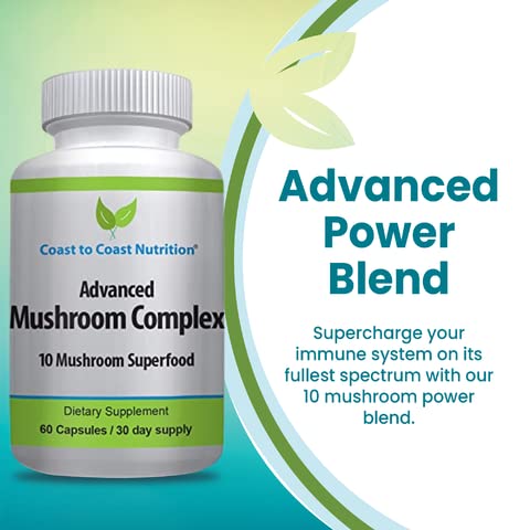 Coast to Coast Nutrition - Complexo Avançado de Cogumelos – Lion’s Mane, Reishi, Cordyceps, Chaga, Turkey Tail, Maitake 10X Mistura de Cogumelos Superfood – Suporte Imunológico