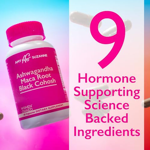 Amy Suzanne - Ashwagandha, Black Cohosh, Maca Root – Equilíbrio Hormonal com 9 Extratos Herbais – Suporte ao Estresse, Cognição e Perimenopausa – Suplementos para Harmonia Hormonal