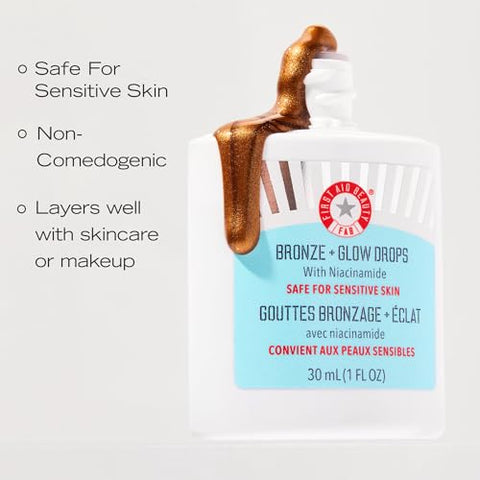 Bronze Glow Drops com Niacinamida – Sérum Facial para um Brilho Instantâneo, Uniformiza a Tonalidade da Pele e Minimiza Poros – Seguro para Peles Sensíveis – 30ml - First Aid Beauty