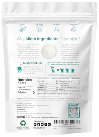 Pó Hidratante de Eletrólitos Micro Ingredients, 1lb (69 Porções), Keto