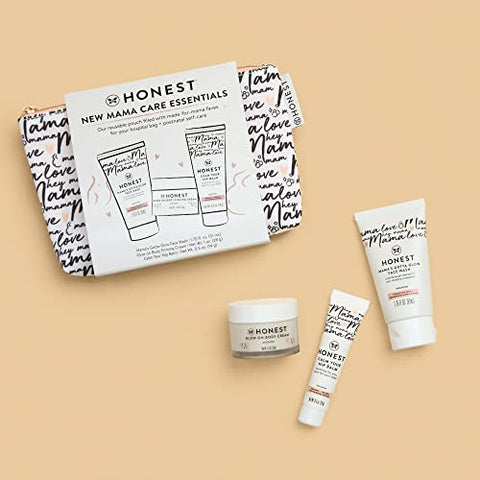 Conjunto Presente New Mama Care Essentials da The Honest Company | Itens Essenciais para a Bolsa de Maternidade | Bálsamo para Mamilos Tamanho Viagem (0,5 ml), Creme Corporal Glow On (1 ml), Gel de Limpeza Facial Gotta Glow (1,75 ml)