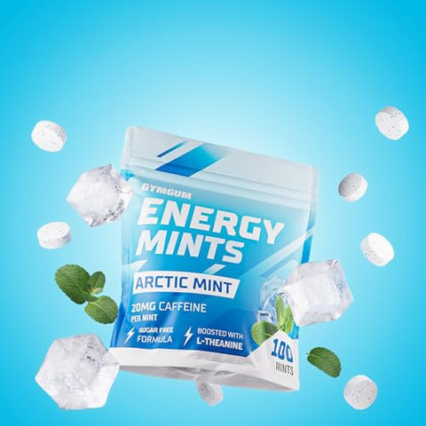 GYMGUM - Energy Caffeine Mints | Menta Energética com Cafeína, L-teanina e Vitaminas do Complexo B | Menta Cafeinada com 60mg de Cafeína por Porção | Deliciosas Mentas Energéticas Sem Açúcar | (Menta Ártica, 100 Unidades)
