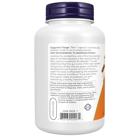 Acidophilus – 250 Cápsulas Vegetais, Flora Intestinal Saudável, 2 Bilhões de Cepas Verificadas - NOW Foods