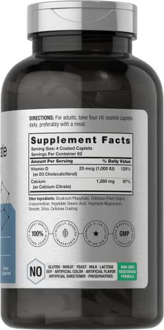 Calcium Citrate 1260 mg com Vitamina D3 1000UI | 250 Comprimidos | Vegetariano, Não-OGM, Sem Glúten | Marca Horbäach - Horbäach