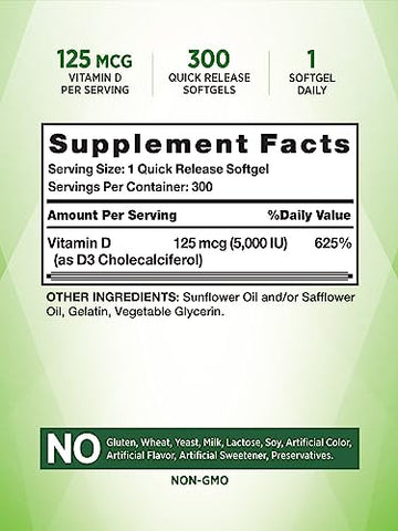 Nature's Truth - Nature’s Truth Vitamina D3 5000 UI (125 mcg) | 300 Softgels | Alta Potência | Livre de OGM e Glúten | Marca Nature’s Truth