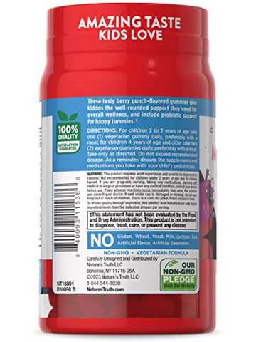 Nature's Truth - Nature’s Truth Kids Gummies Multivitamínicos com Probióticos | 60 unidades | Vegetariano, Não-OGM, Suplemento Livre de Glúten | Vitamina C, D3