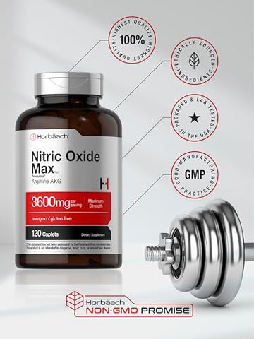 Nitric Oxide Max 3600mg | 120 Cápsulas | com Arginina AAKG para Homens e Mulheres | Vegetariano, Não-OGM | Marca Horbäach - Horbäach