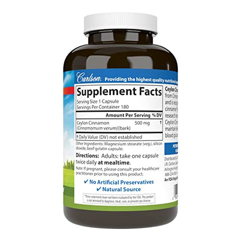 Cápsulas de Canela do Ceilão, Suplemento de Canela, 500 mg, Extrato de Canela em Cápsulas, Cápsulas de Canela do Ceilão, 180 cápsulas - Carlson