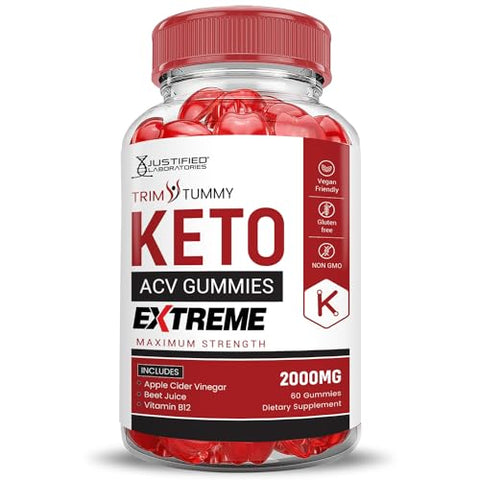 Justified Laboratories - Trim Tummy Keto Gummies Extreme 2000MG ACV – Gomas de Vinagre de Maçã com Romã e Beterraba – B12 Vegano Não GMO 60 Gomas