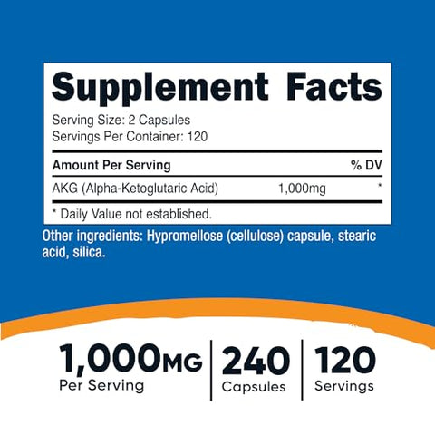 AKG Ácido Alfa Cetoglutárico 1.000 mg – 240 Cápsulas, 120 Porções – Poderoso Precursor de Glutamina - Nutricost