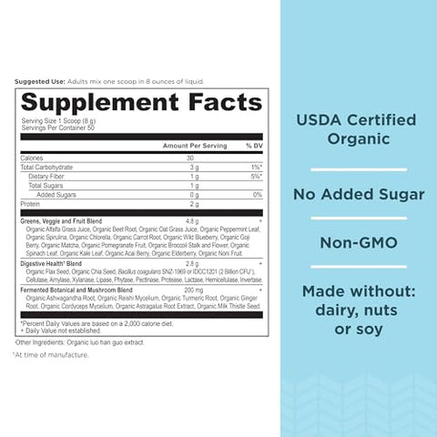 Super Greens em Pó, Superfood Orgânico com Probióticos à base de Spirulina, Chlorella, Matcha e Enzimas Digestivas, 50 Porções, 400g - Ancient Nutrition