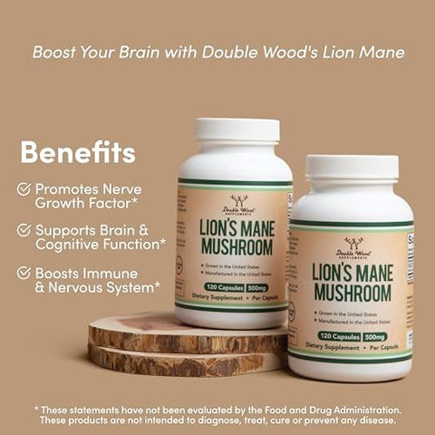 Double Wood Supplements - Cápsulas de Cogumelo do Leão para Suporte Cerebral e Imunidade – 120 Unidades (Dois Meses de Fornecimento) – Testado por Terceiros, Cultivado e Encapsulado no