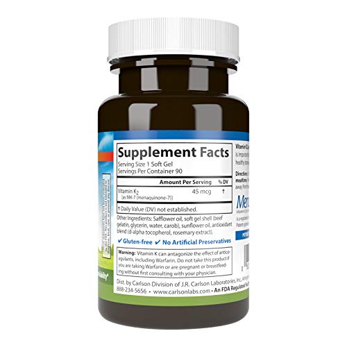 Labs Vitamina K2-7 45 MCG Softgels, 90 Unidades – Suplemento Mineral de Alta Qualidade - Carlson