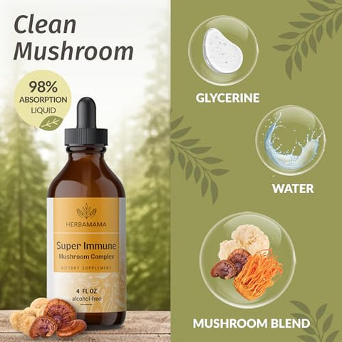 Super Immune Mushroom Complex – Gotas Líquidas Veganas de Blend de Cogumelos para Suporte Imunológico – Sem Açúcar - HERBAMAMA