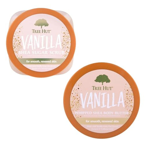 Conjunto Presente Tree Hut Vanilla Shea Sugar Scrub com Manteiga Corporal Batida, Novo Aroma 2023, 26,4 Onças Bege