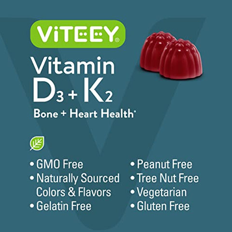 Viteey - Vitaminas D3 K2 Gummies – 1000 UI de Vitamina D3 e K2 100mcg – Fortalecimento Ósseo