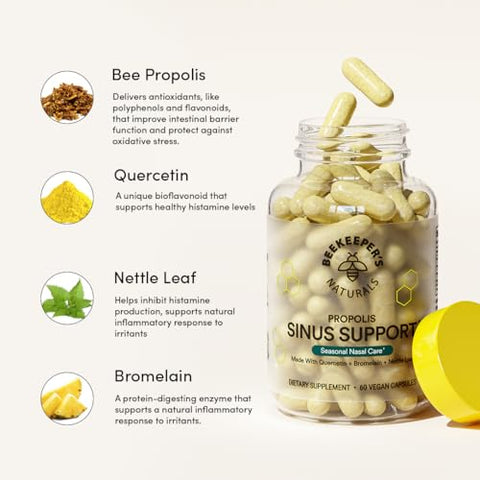 Beekeeper's Naturals - Beekeeper’s Naturals – Suporte Natural para os Seios Nasais de Adultos, Alívio de Cuidados Nasais Sazonais com Própolis, Quercetina, Bromelina, Folha de Urtiga