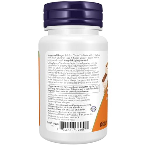 ChewyZymes: Enzimas Mastigáveis de Amplo Espectro, Sabor de Frutas Vermelhas, 90 Comprimidos - NOW Foods