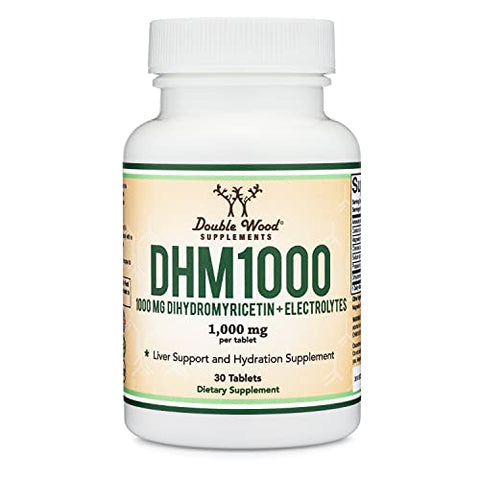 Double Wood Supplements - DHM1000 Dihydromyricetin (DHM) – Comprimidos Mais Potentes do Mercado – 1.000mg (30 Unidades) Enriquecidos com Eletrólitos para Hidratação e Suporte Hepático por Double Wood