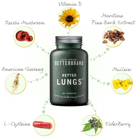 BetterLungs | Suplemento Diário para Saúde Respiratória (60 Cápsulas) | com Vitamina D, Sabugueiro, Ginseng, Verbascum e Cogumelo Reishi | para Saúde Pulmonar e Alergias | - Betterbrand