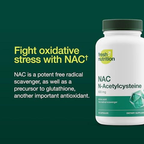 Fresh Nutrition - Suplemento NAC – N Acetil Cisteína – Dosagem Alta 600mg – Aminoácidos – Vegano – Pó Puro NAC – 90 Cápsulas