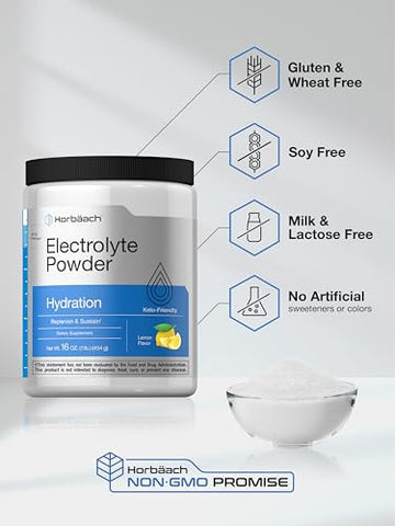 Pó de Eletrólitos | 473 ml | 130 Porções | Suplemento de Hidratação | Vegetariano | Amigo da Dieta Keto | Fórmula Livre de Transgênicos e Glúten | Sabor Limão - Horbäach