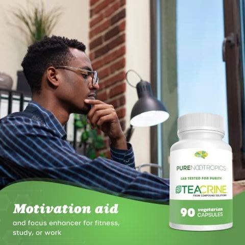 Pure Nootropics - Theacrine (TeaCrine) 100 mg Cápsulas Vegetais | 90 Unidades | Suplemento Energético Não Viciante | Alternativa à Cafeína | Estimulante para Melhorar o Foco, Motivação e Desempenho Mental e Físico