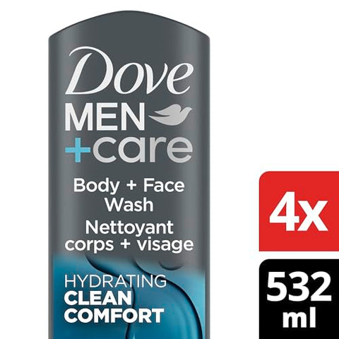 DOVE MEN + CARE - DOVE MEN CARE Sabonete Líquido Corpo e Rosto Clean Comfort 4 Unidades para uma Pele Mais Saudável e Forte Limpa Efetivamente as Bactérias Enquanto Nutre Sua Pele, 532 ml