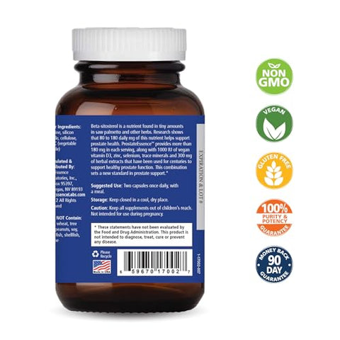 PURE ESSENCE LABS - Pure Essence Labs Prostate Essence com Vitamina D3, Selênio, Zinco e Mais – Vitaminas Masculinas e Suplemento Herbal para a Saúde da Próstata com Beta Sitosterol – 60 Cápsulas para Homens